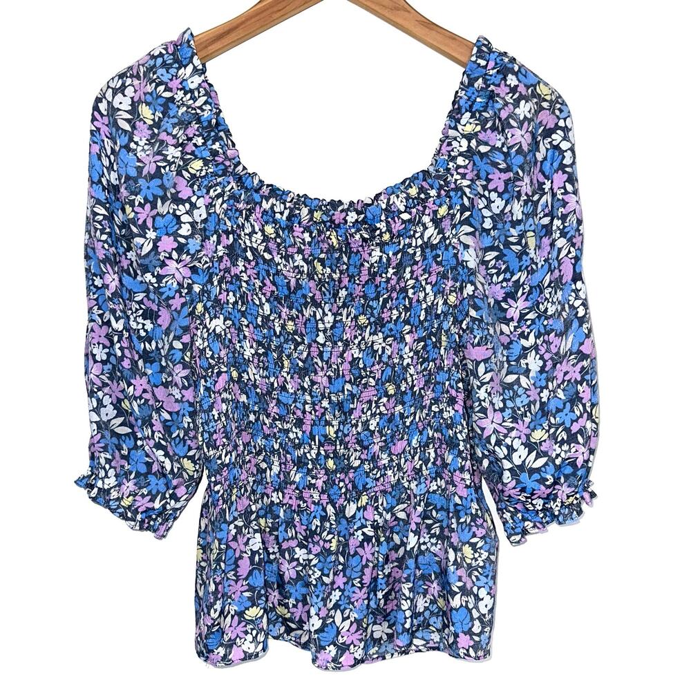 Nanette Lepore Blue Floral Smocked Peasant Blouse Size Small